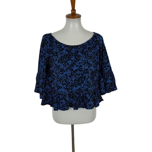 Walter Baker Top Small Blue Black Off Shoulder Ruffle Boho Long Sleeve - Picture 1 of 4